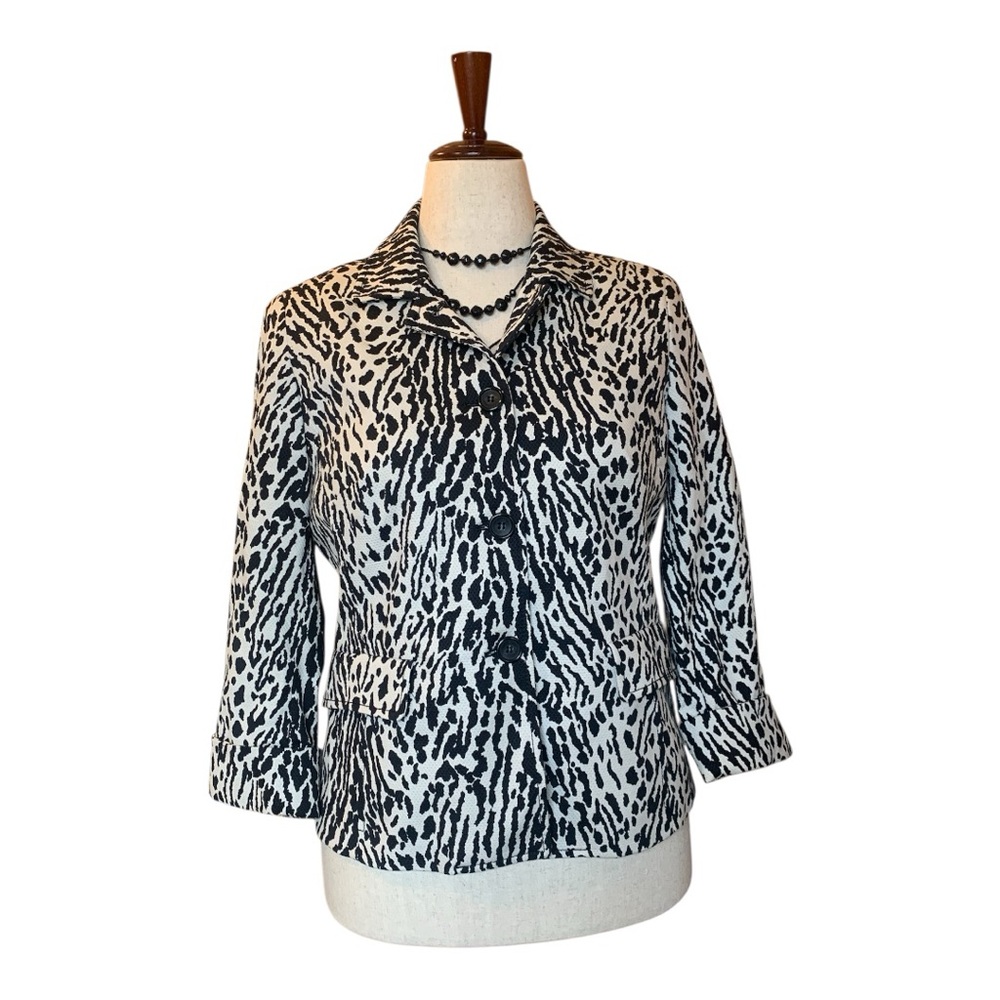NWT Talbots Black White Button Down Fitted Jacket Blazer, Animal Print, Sz 10